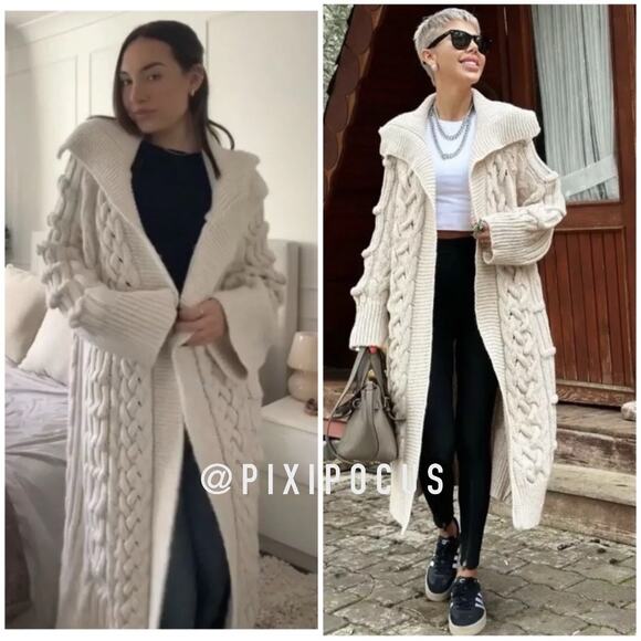 ZARA KNIT COAT / COATIGAN KNIT LONGLINE SWEATER COAT ECRU - Picture 2 of 13